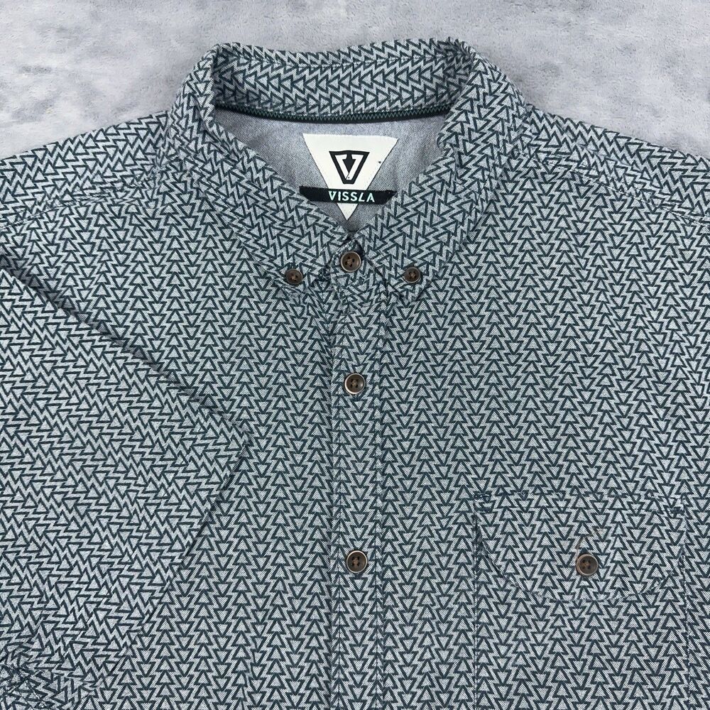 Vissla Shirt Mens Size L Blue Geometric Short Sleeve Button Up Chest Pocket